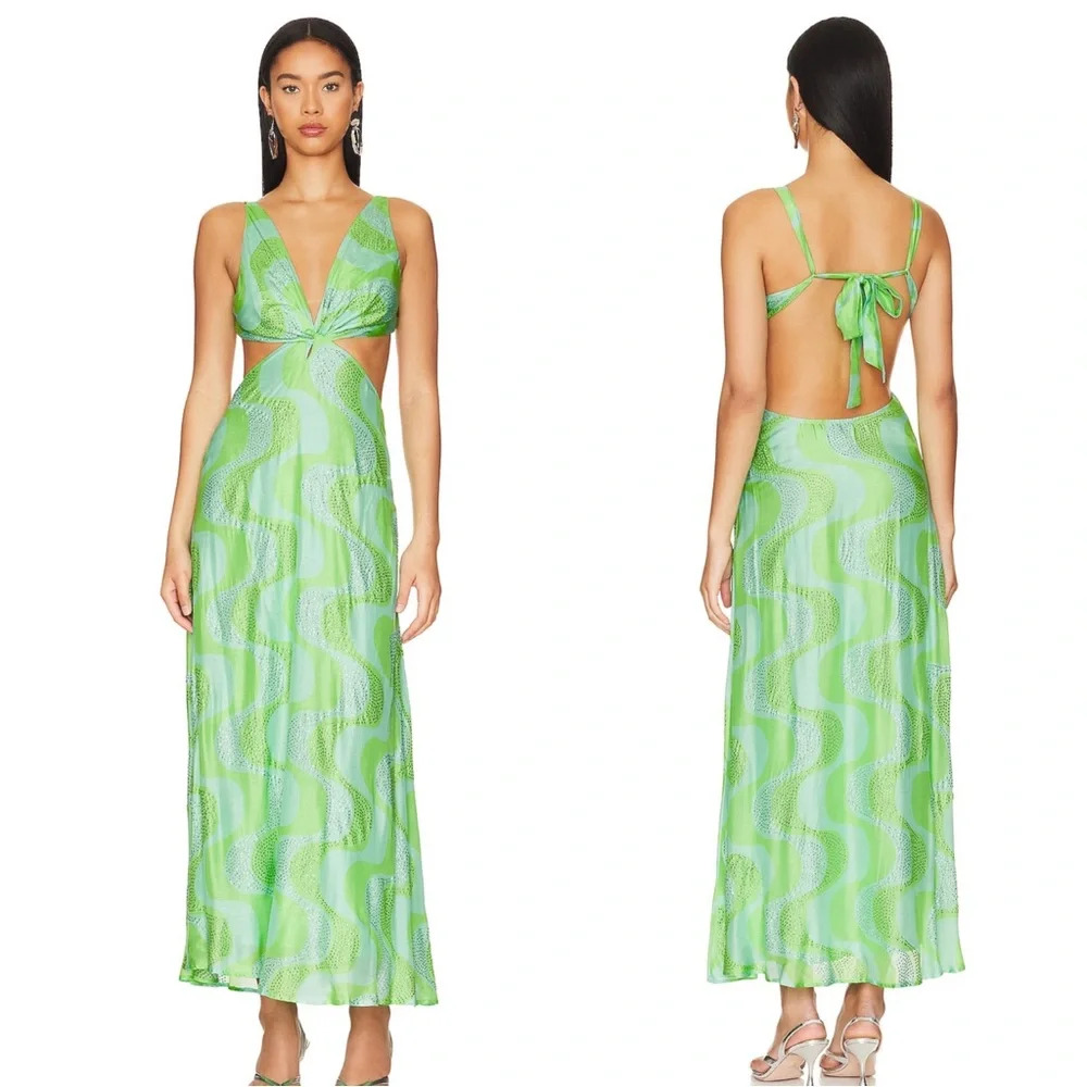 NWT | SUNDRESS Shana Crystal Beaded Dress in Amazonia Rhinestones Lime & Pool -L